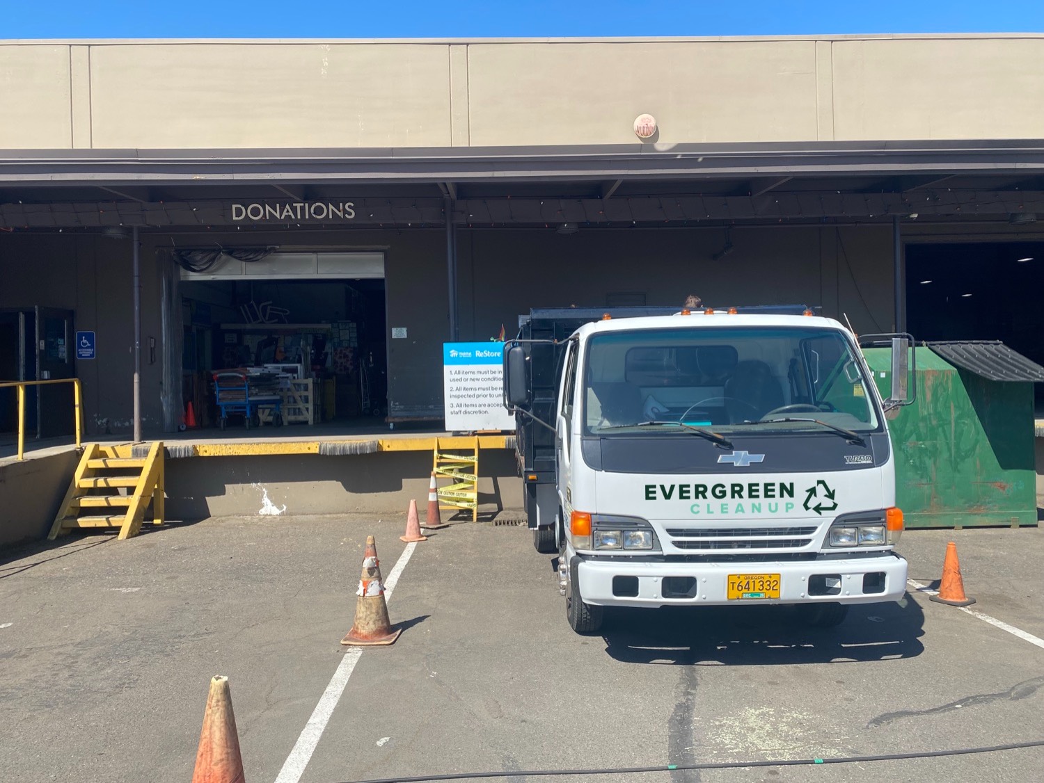 Evergreen Cleanup truck at donation center